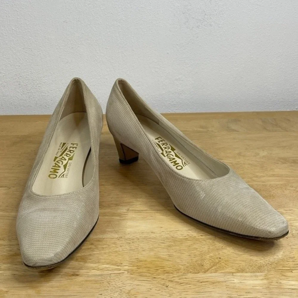 Salvatore Ferragamo Beige Textured Leather Pumps